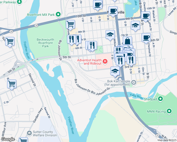 map of restaurants, bars, coffee shops, grocery stores, and more near 1579 3rd Street in Marysville