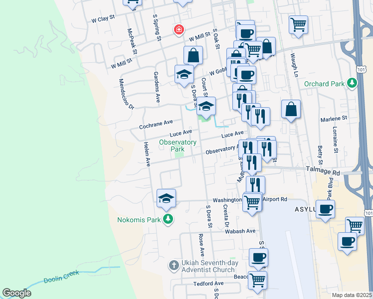 map of restaurants, bars, coffee shops, grocery stores, and more near Observatory Avenue in Ukiah