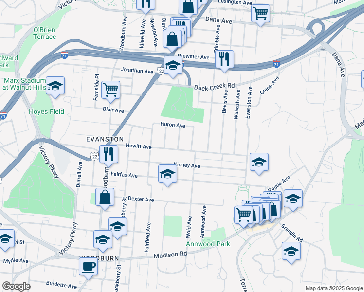 map of restaurants, bars, coffee shops, grocery stores, and more near 3320 Graydon Avenue in Cincinnati
