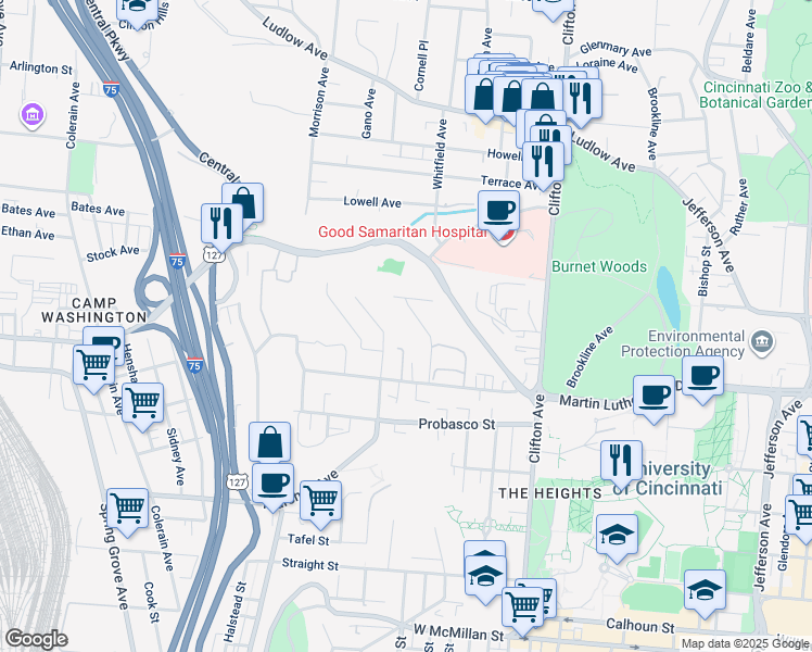map of restaurants, bars, coffee shops, grocery stores, and more near 3124 Riddle View Lane in Cincinnati