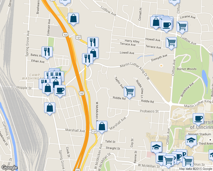 map of restaurants, bars, coffee shops, grocery stores, and more near 700 Riddle Road in Cincinnati