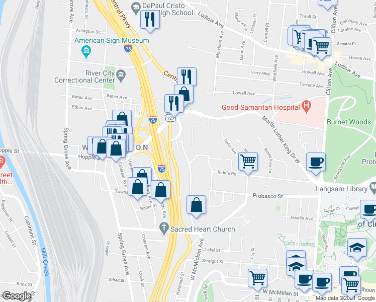 map of restaurants, bars, coffee shops, grocery stores, and more near 724 Riddle Road in Cincinnati