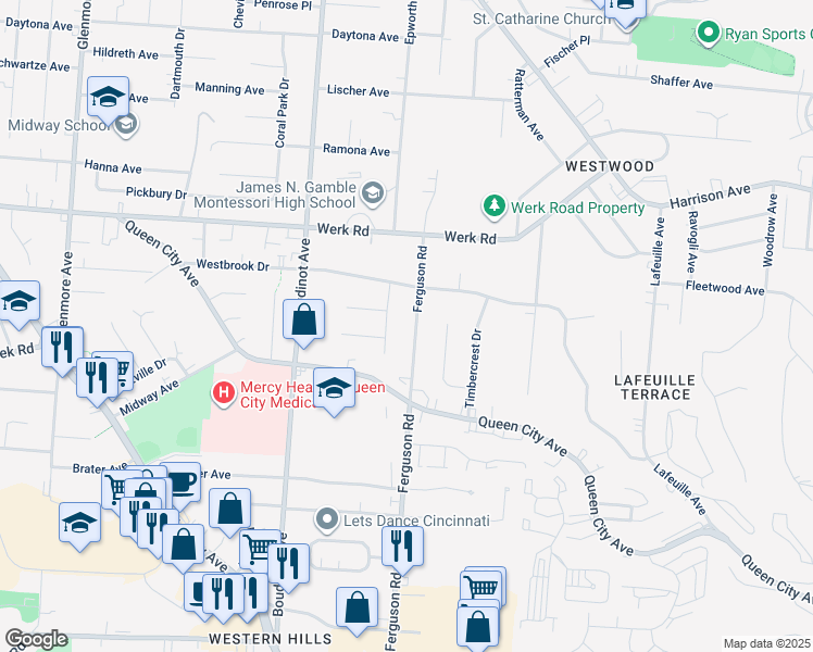 map of restaurants, bars, coffee shops, grocery stores, and more near 3015 Ferguson Road in Cincinnati