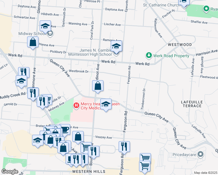 map of restaurants, bars, coffee shops, grocery stores, and more near 3035 Sandra Place in Cincinnati
