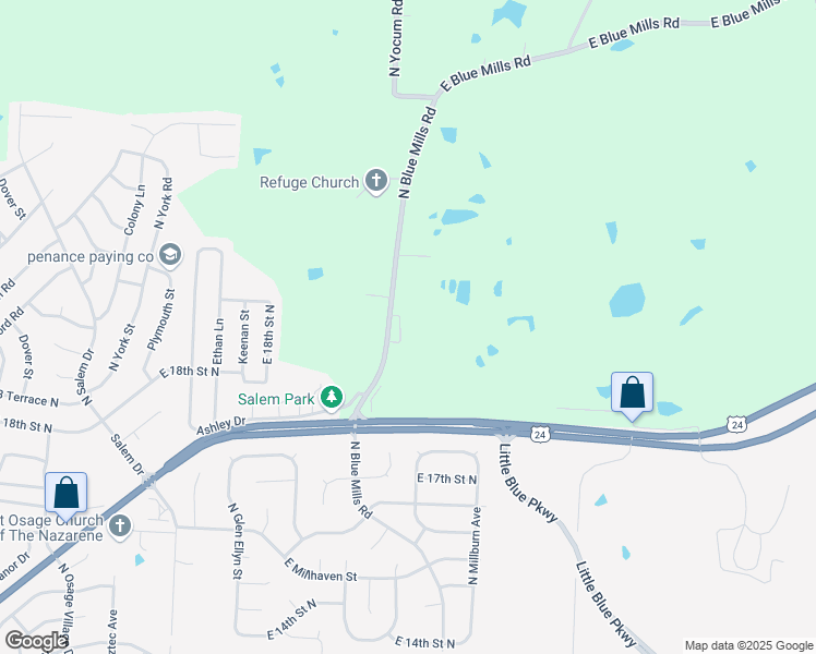 map of restaurants, bars, coffee shops, grocery stores, and more near 1923 North Blue Mills Road in Independence