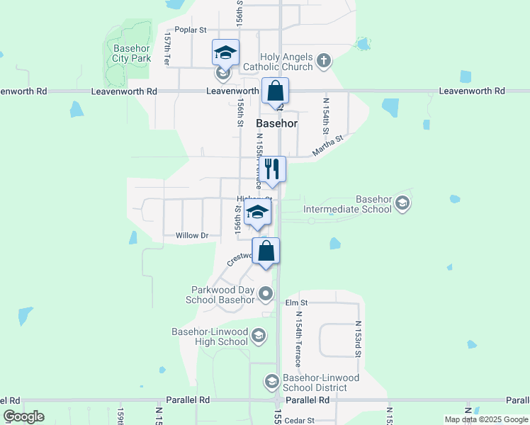map of restaurants, bars, coffee shops, grocery stores, and more near 15525 Hickory Street in Basehor