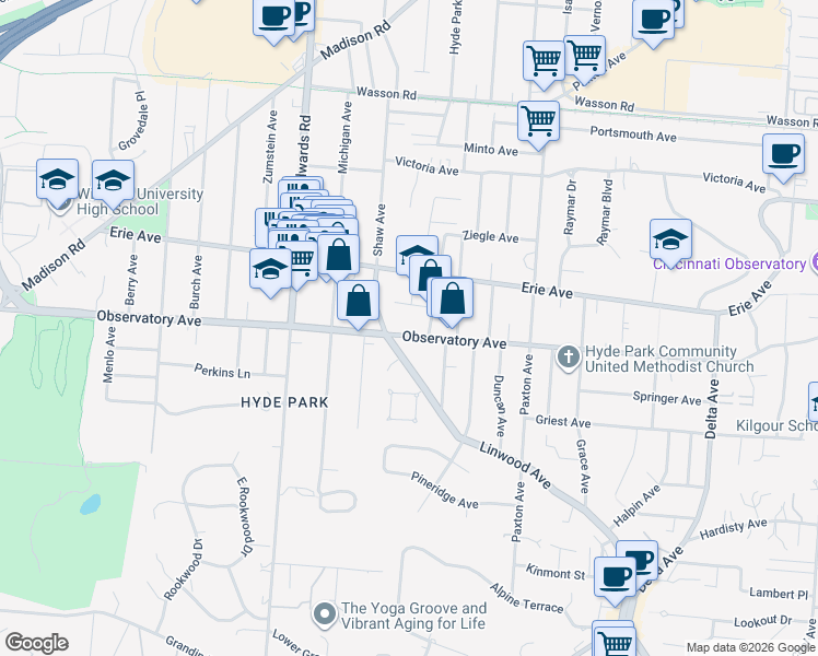 map of restaurants, bars, coffee shops, grocery stores, and more near 2800 Observatory Avenue in Cincinnati