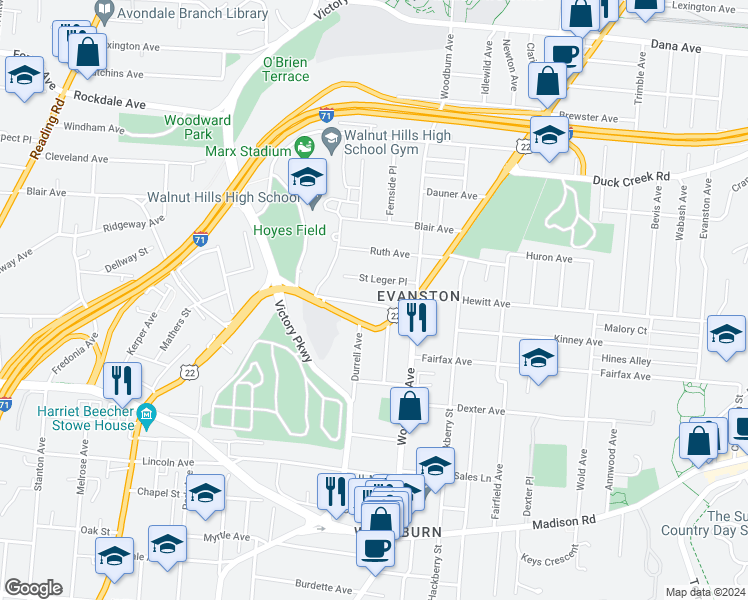 map of restaurants, bars, coffee shops, grocery stores, and more near 1570 Dixmont Avenue in Cincinnati