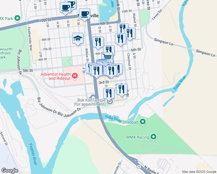 map of restaurants, bars, coffee shops, grocery stores, and more near 231 D Street in Marysville