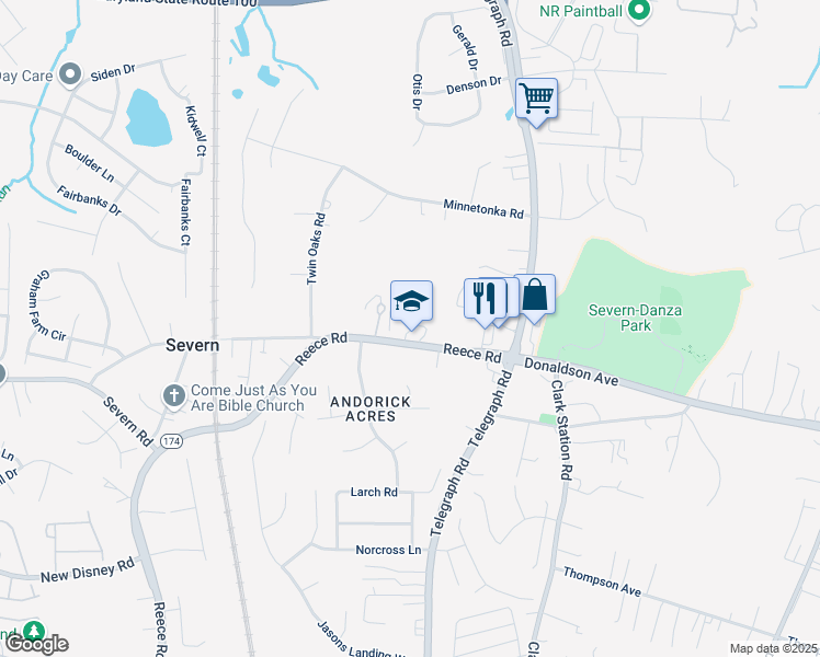 map of restaurants, bars, coffee shops, grocery stores, and more near 838 Reece Road in Severn