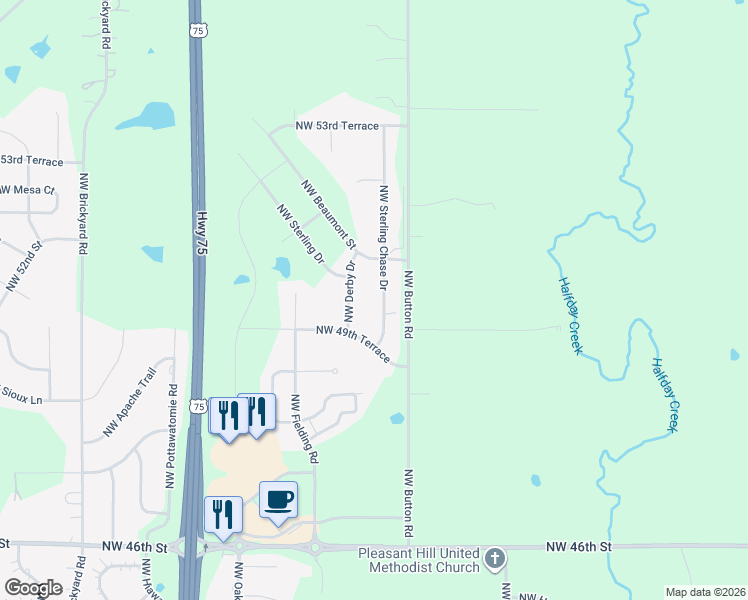 map of restaurants, bars, coffee shops, grocery stores, and more near 5035 Northwest Sterling Chase Drive in Topeka