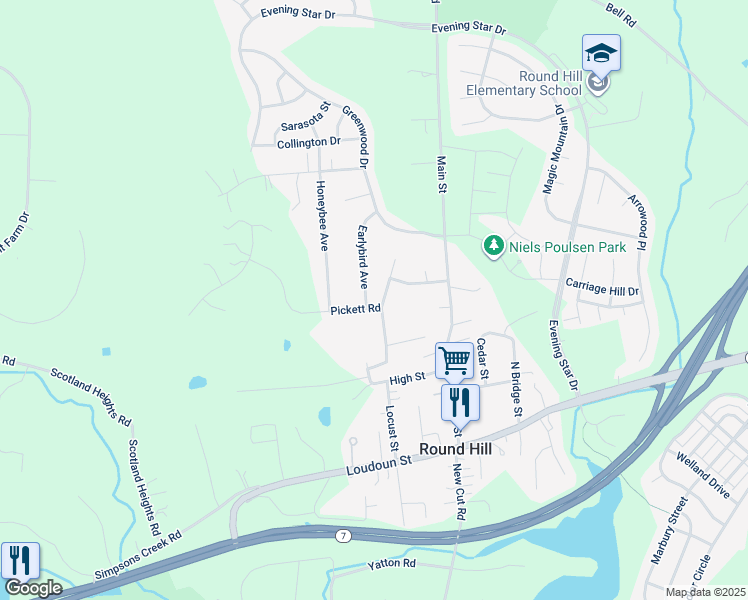 map of restaurants, bars, coffee shops, grocery stores, and more near 2 Earlybird Avenue in Round Hill