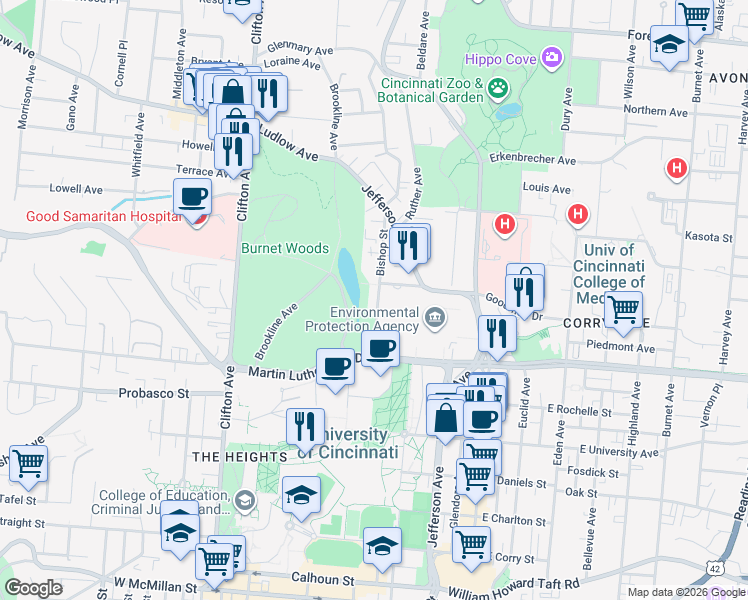 map of restaurants, bars, coffee shops, grocery stores, and more near 3153 Bishop Street in Cincinnati