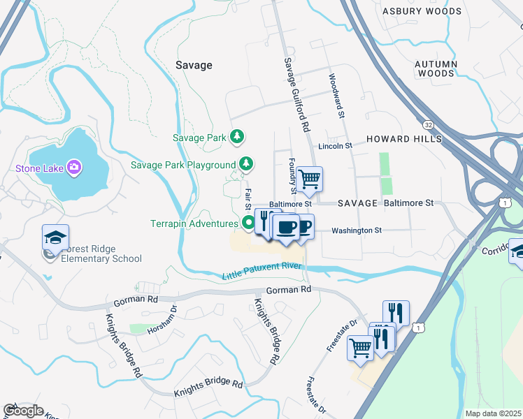 map of restaurants, bars, coffee shops, grocery stores, and more near 9127 Baltimore Street in Savage