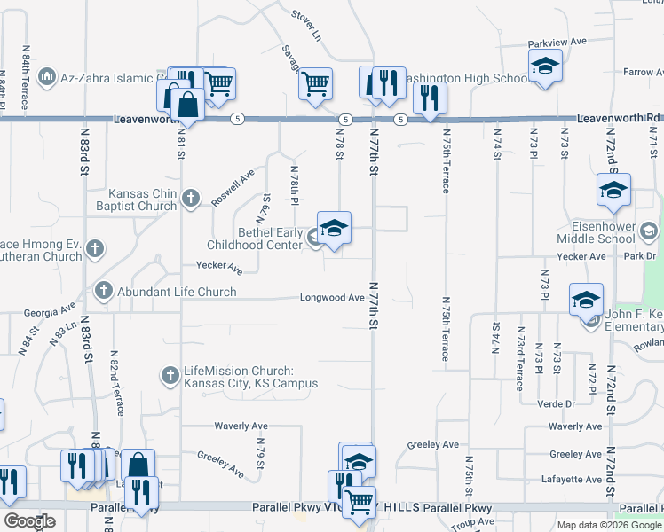 map of restaurants, bars, coffee shops, grocery stores, and more near 7750 Yecker Avenue in Kansas City