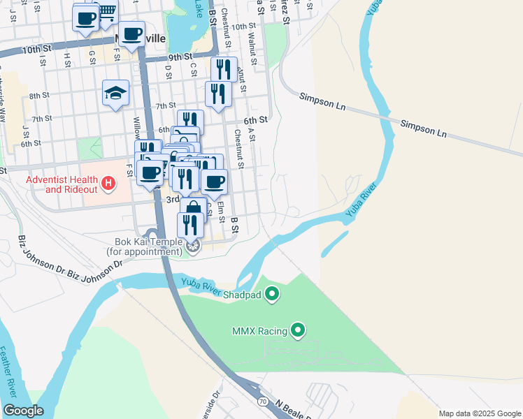 map of restaurants, bars, coffee shops, grocery stores, and more near 201-299 A Street in Marysville