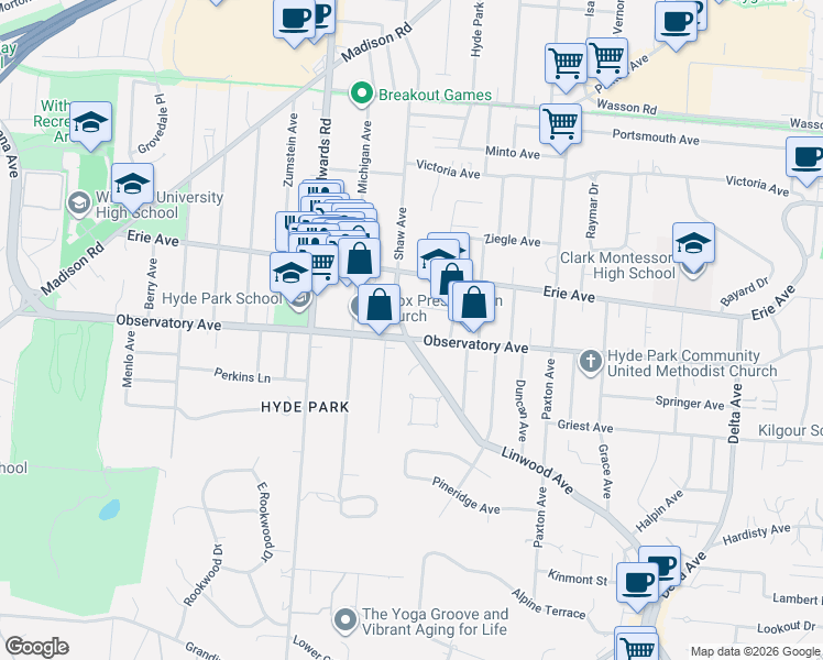 map of restaurants, bars, coffee shops, grocery stores, and more near 2521 Astoria Avenue in Cincinnati