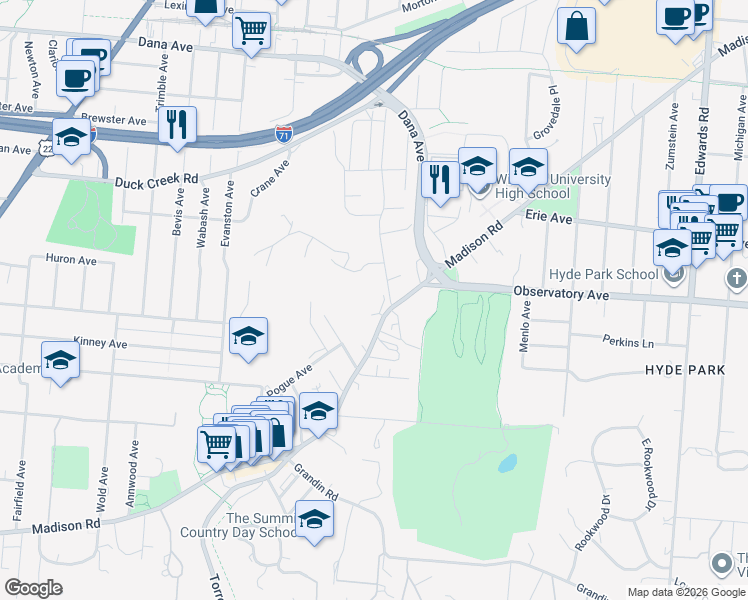 map of restaurants, bars, coffee shops, grocery stores, and more near 2324 Madison Road in Cincinnati