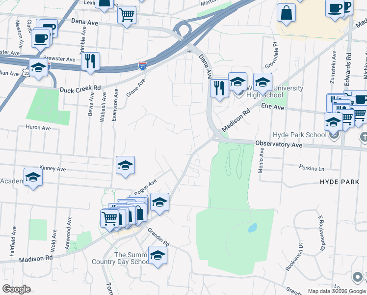 map of restaurants, bars, coffee shops, grocery stores, and more near 2324 Madison Road in Cincinnati