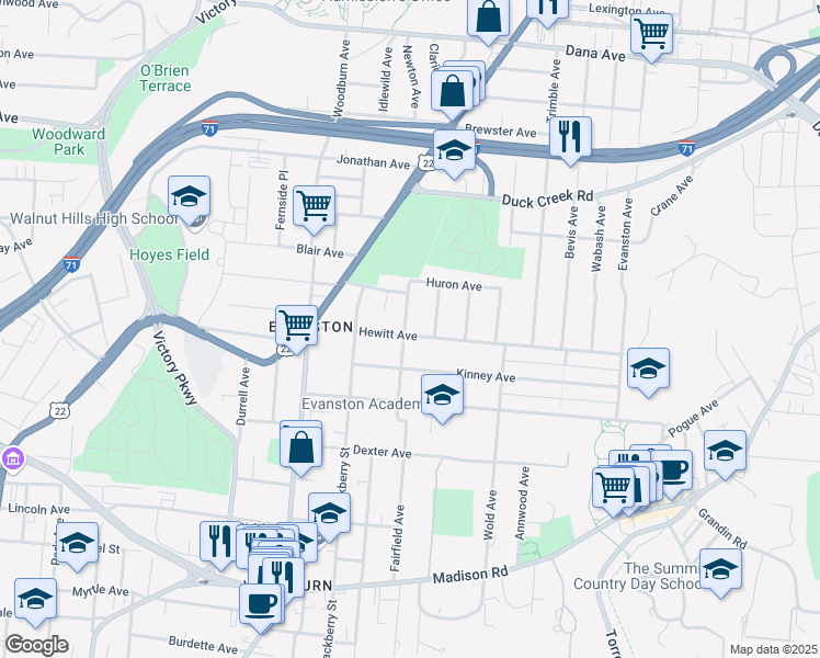map of restaurants, bars, coffee shops, grocery stores, and more near 3320 Holloway Court in Cincinnati