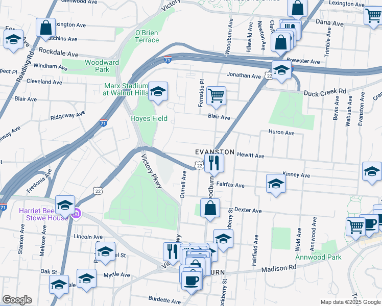map of restaurants, bars, coffee shops, grocery stores, and more near 1551 Saint Leger Place in Cincinnati
