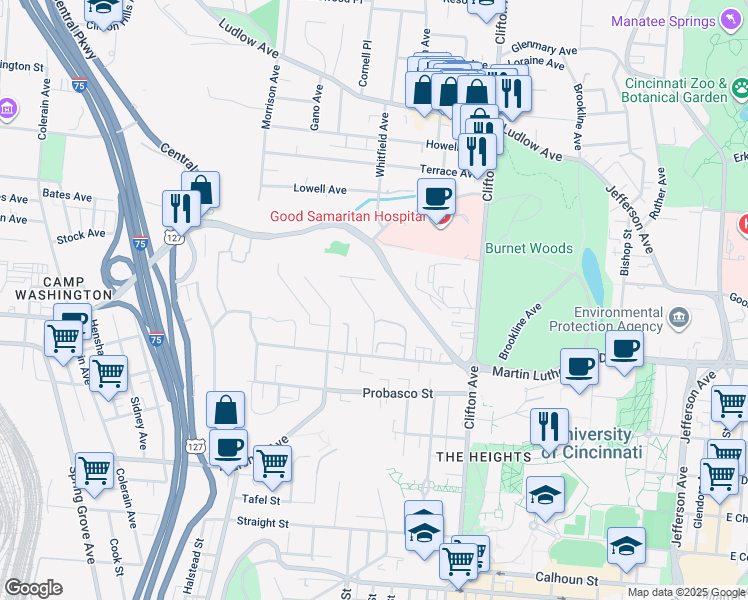 map of restaurants, bars, coffee shops, grocery stores, and more near 3124 Riddle View Lane in Cincinnati