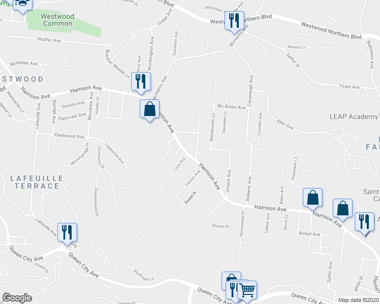 map of restaurants, bars, coffee shops, grocery stores, and more near 2725 Faber Avenue in Cincinnati