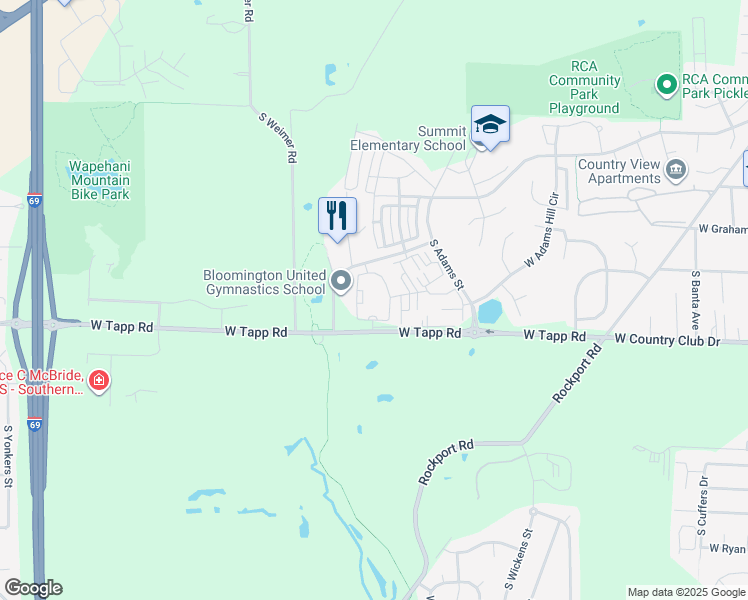 map of restaurants, bars, coffee shops, grocery stores, and more near 2715 South Boardwalk Circle in Bloomington