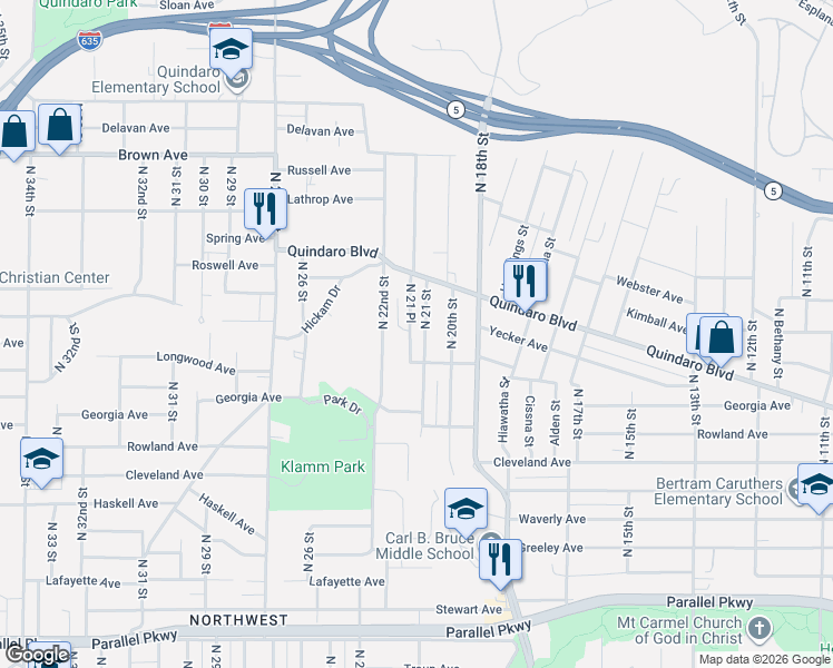 map of restaurants, bars, coffee shops, grocery stores, and more near 2801 North 21 Street in Kansas City