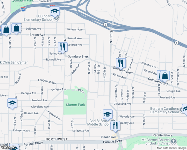 map of restaurants, bars, coffee shops, grocery stores, and more near 2731 North 22nd Street in Kansas City