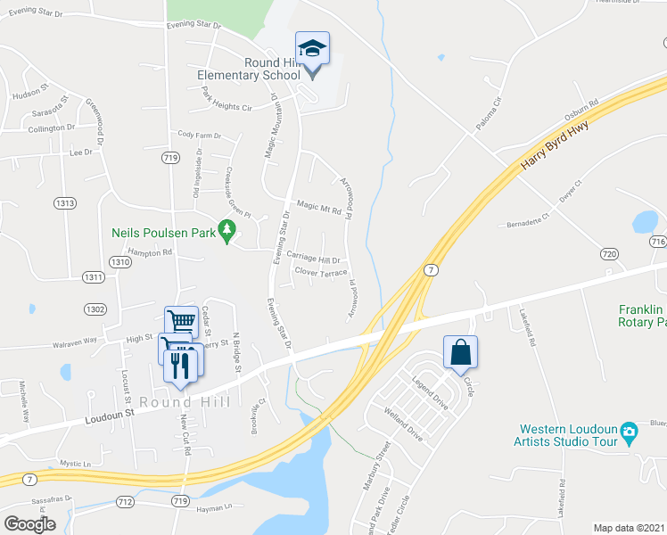 map of restaurants, bars, coffee shops, grocery stores, and more near 35932 Clover Terrace in Round Hill