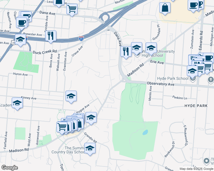 map of restaurants, bars, coffee shops, grocery stores, and more near 2324 Madison Road in Cincinnati
