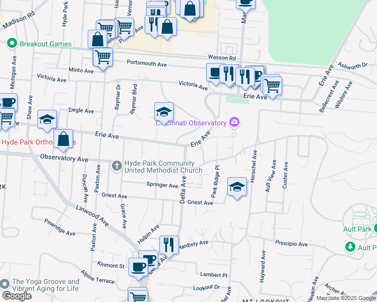 map of restaurants, bars, coffee shops, grocery stores, and more near 3201 Erie Avenue in Cincinnati