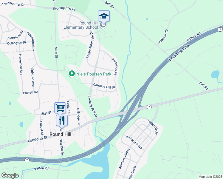map of restaurants, bars, coffee shops, grocery stores, and more near 35932 Clover Terrace in Round Hill
