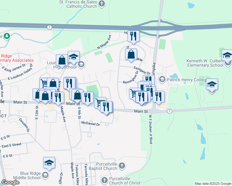 map of restaurants, bars, coffee shops, grocery stores, and more near 17317 Pickwick Drive in Purcellville