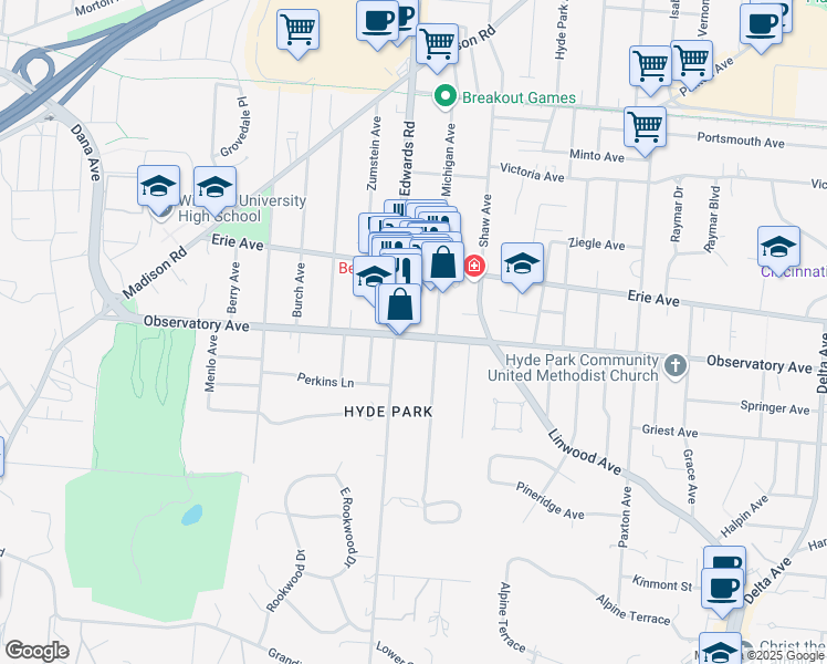 map of restaurants, bars, coffee shops, grocery stores, and more near 2716 Observatory Avenue in Cincinnati