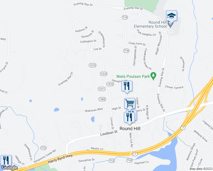 map of restaurants, bars, coffee shops, grocery stores, and more near 2 Earlybird Avenue in Round Hill