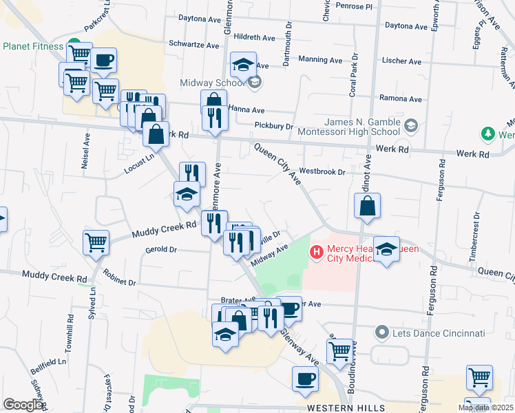 map of restaurants, bars, coffee shops, grocery stores, and more near 5761 Glow Court in Cincinnati