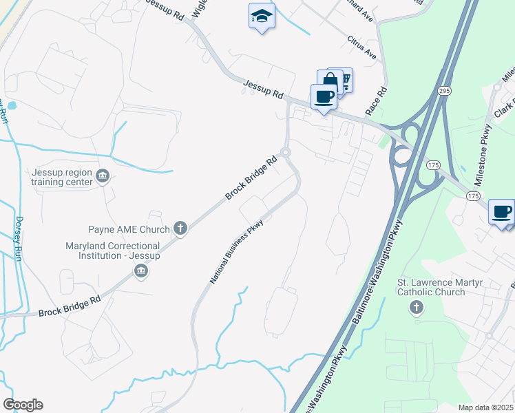 map of restaurants, bars, coffee shops, grocery stores, and more near 540 National Business Parkway in Jessup