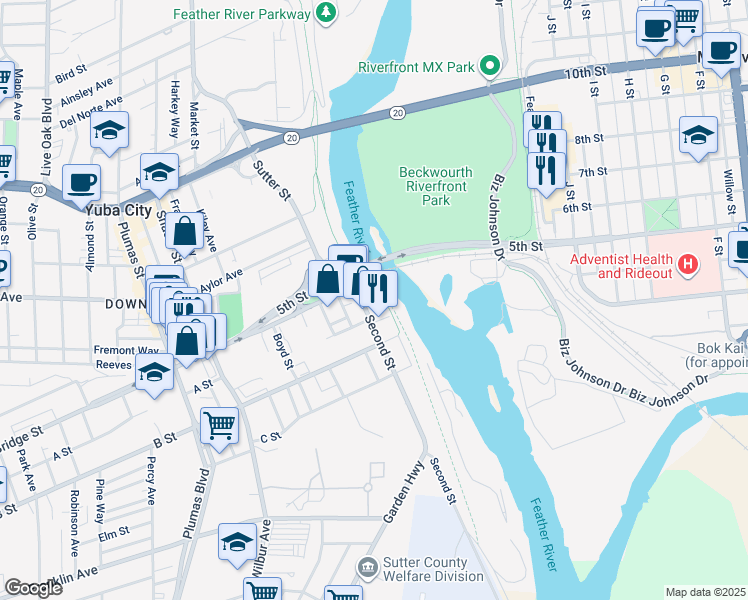 map of restaurants, bars, coffee shops, grocery stores, and more near 547 2nd St in Yuba City
