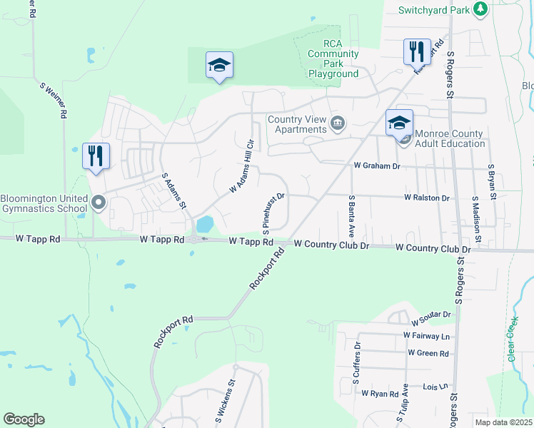 map of restaurants, bars, coffee shops, grocery stores, and more near 2722 South Pinehurst Drive in Bloomington