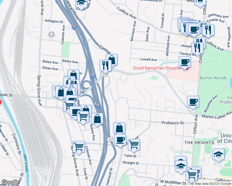 map of restaurants, bars, coffee shops, grocery stores, and more near 724 Riddle Road in Cincinnati