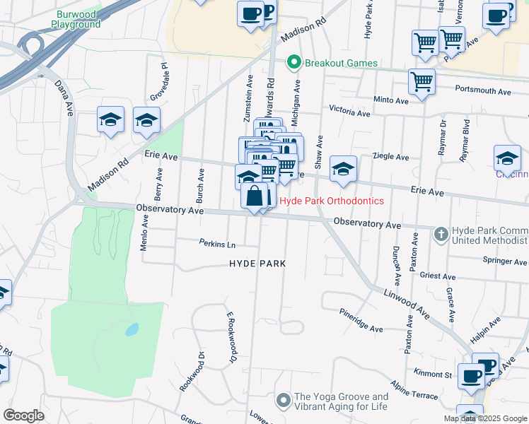 map of restaurants, bars, coffee shops, grocery stores, and more near 2700 Observatory Avenue in Cincinnati