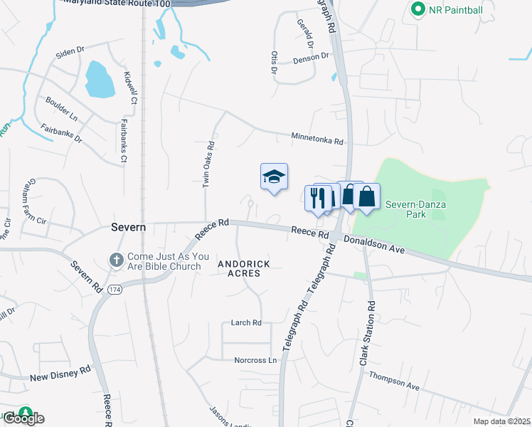 map of restaurants, bars, coffee shops, grocery stores, and more near 838 Reece Road in Severn