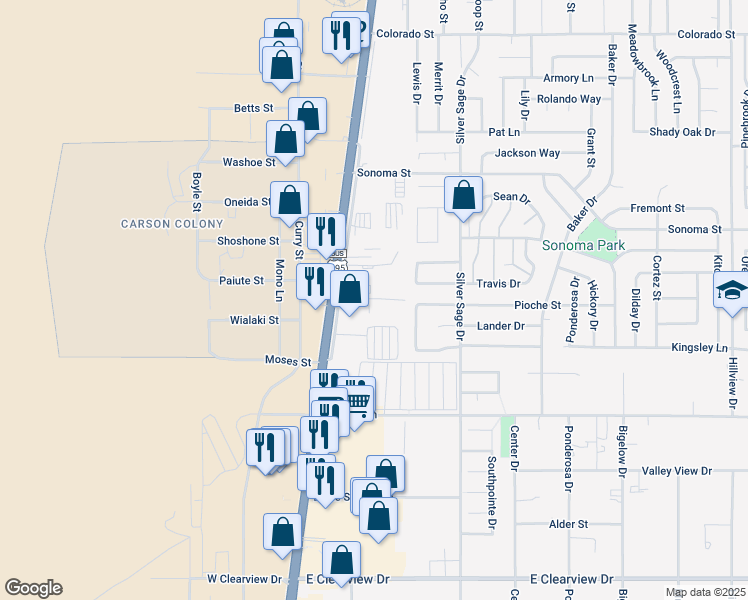 map of restaurants, bars, coffee shops, grocery stores, and more near 3301 South Carson Street in Carson City