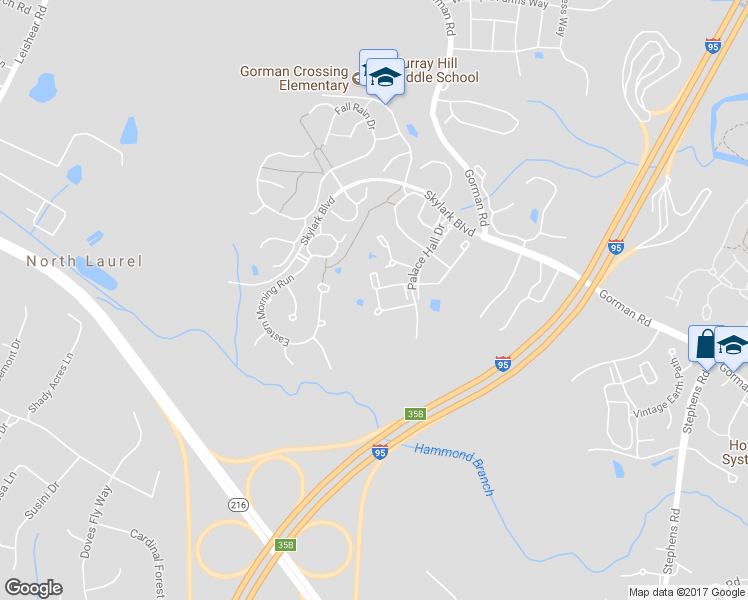 map of restaurants, bars, coffee shops, grocery stores, and more near 9707 Soothing Shade Way in Laurel