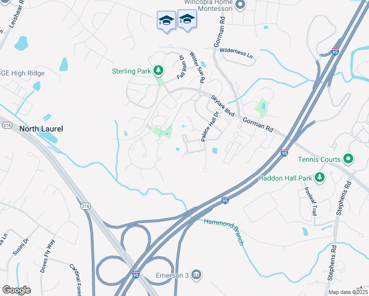 map of restaurants, bars, coffee shops, grocery stores, and more near 9707 Soothing Shade Way in Laurel