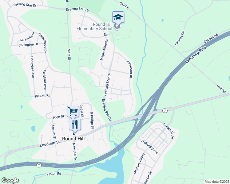 map of restaurants, bars, coffee shops, grocery stores, and more near 35896 Clover Terrace in Round Hill