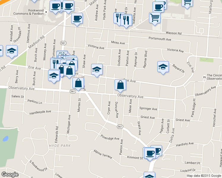 map of restaurants, bars, coffee shops, grocery stores, and more near 3422 Monteith Avenue in Cincinnati