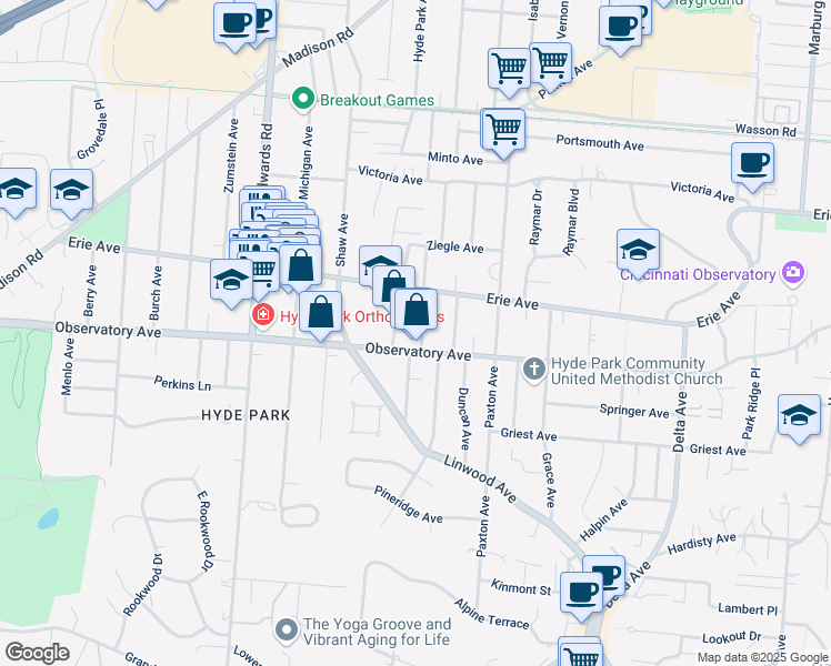 map of restaurants, bars, coffee shops, grocery stores, and more near 3422 Monteith Avenue in Cincinnati